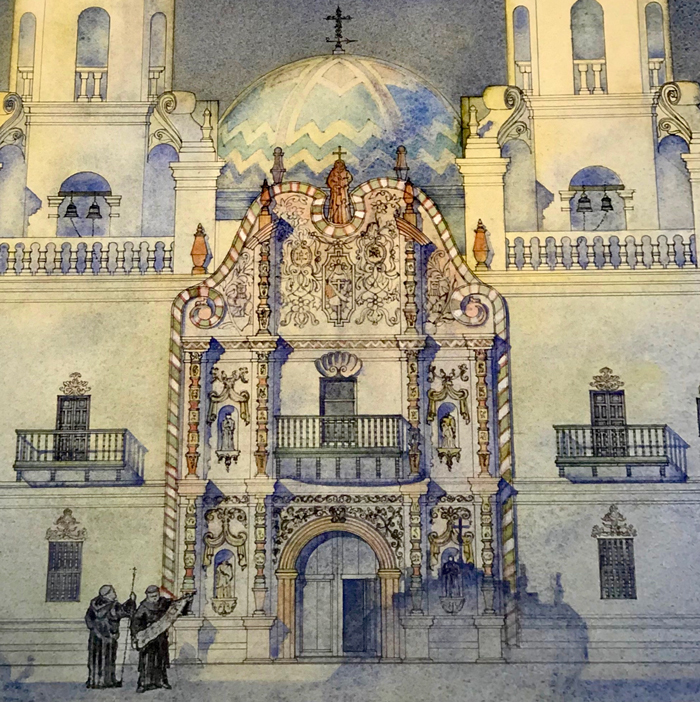 Prentice Duell, an architect who practiced in the first half of the 20th century developed this interpretation of how the facade might have appeared when the Mission was first built